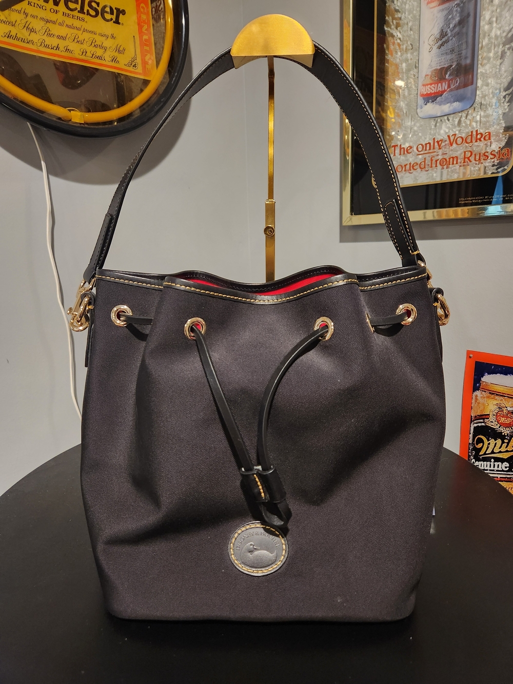 Dooney & Boutke Black Drawstring Nylon & Leather Bucket Bag